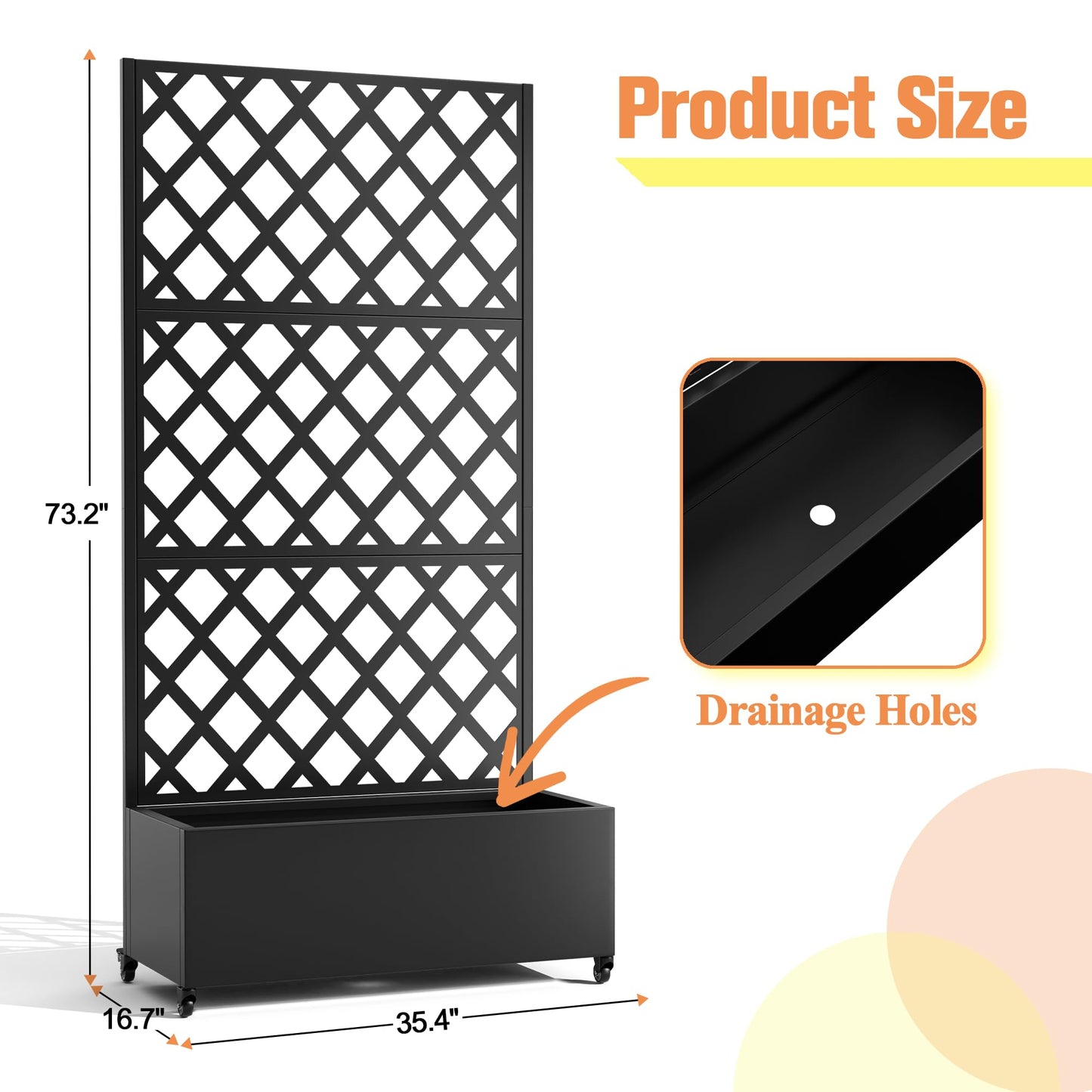 Metal Raised Garden Bed with Diamond Lattice Trellis, Outdoor Planter Box for Climbing Plants Vegetables Vines, Galvanized Garden Box with Drainage Holes and Wheels, Black (35.4"L x 16.7"W x 73.2"H)