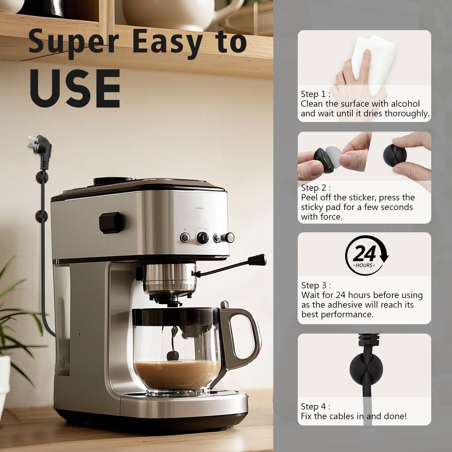 SmiLife Cable Clips Phone Cord Holder, Charger Cord Organizer, Cable Management Clips for Nightstand, Car, Office, Black 9 PCS