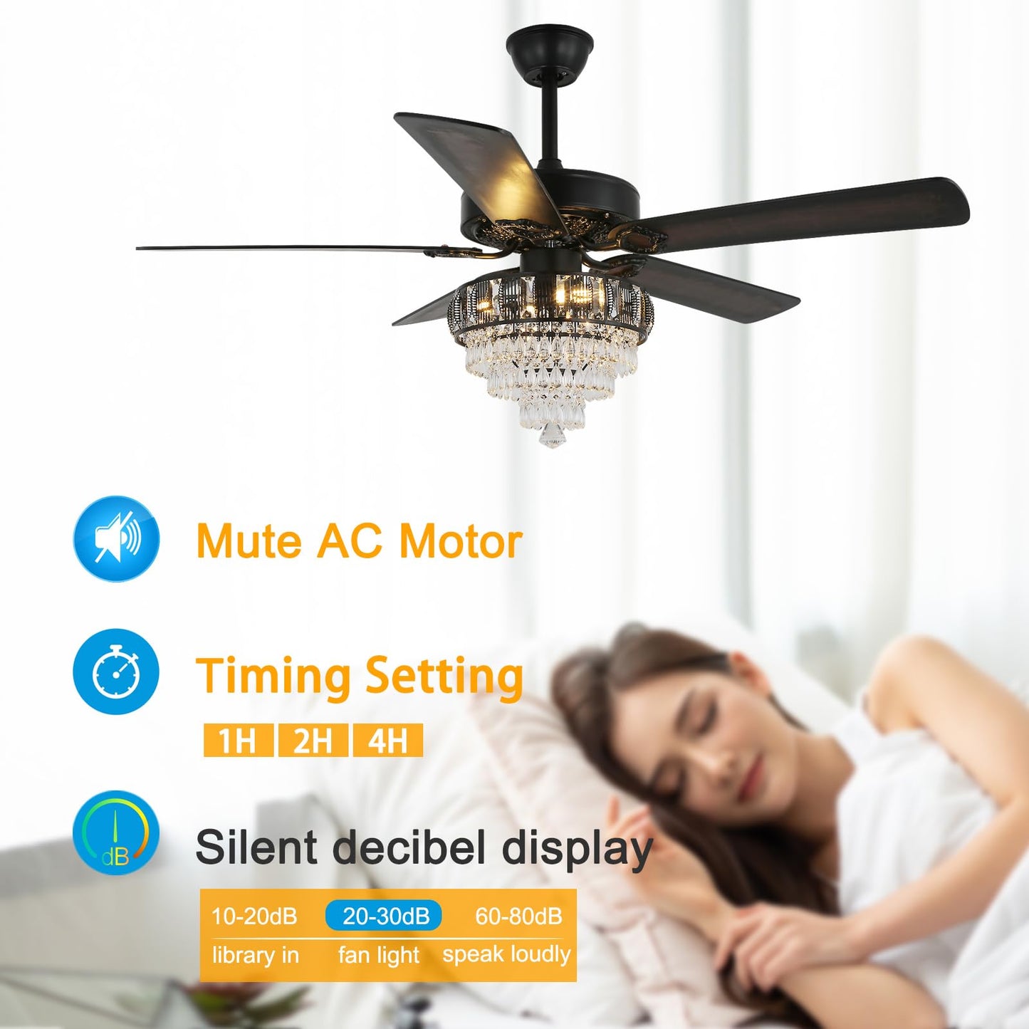 RIENAZA Modern Crystal Ceiling Fans with Lights and Remote Control, Farmhouse Retro Black Ceiling Fan Light, 52 Inch Fandelier Ceiling Fan for Living Room, Dining Room, Bedroom, Office