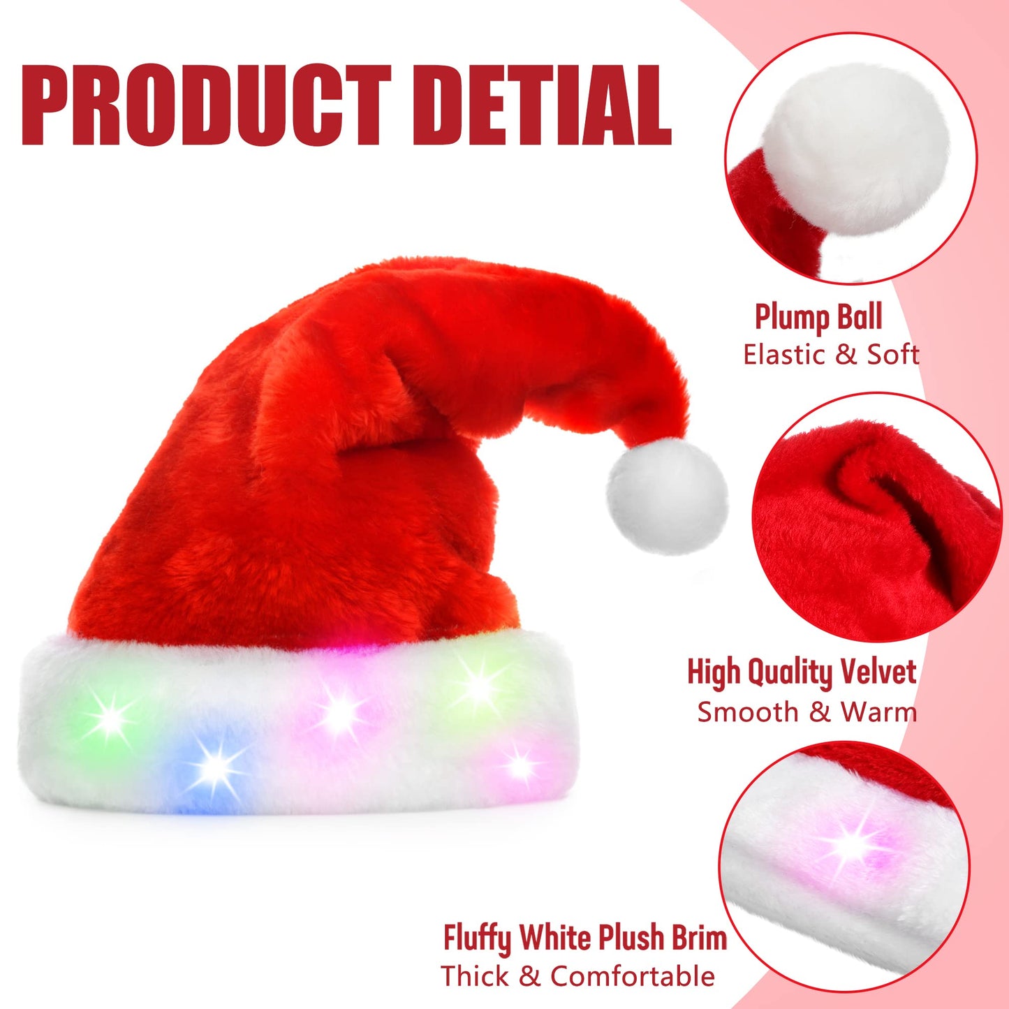 tgosomt Santa Hat, Light up Christmas Hats, Santa Hat with LED Lights for Adults & kids Christmas Gifts