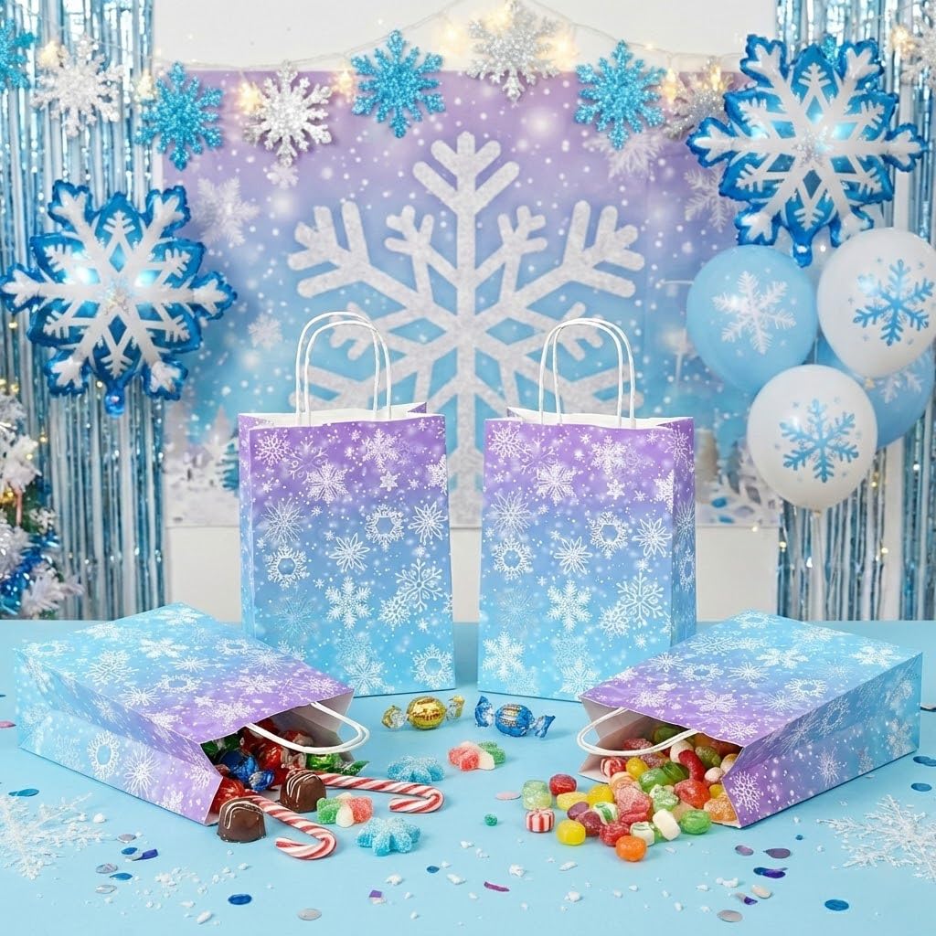 JOYGATHER 24 Pcs Snowflake Party Favor Bags with Handles - Winter Themed Goodie Gift Candy Kraft Paper Bags for Holiday Birthday Party Supplies Decorations