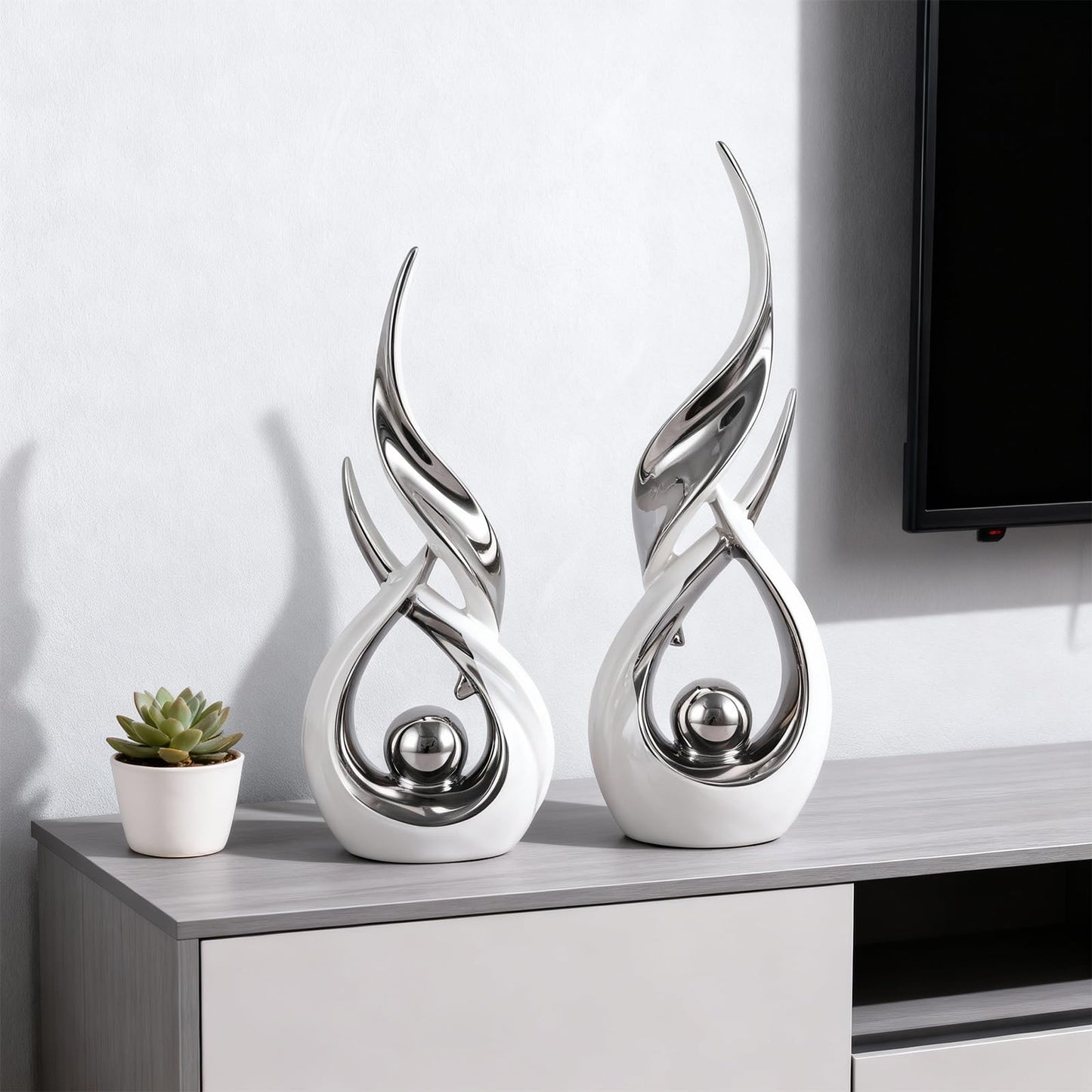 DOVDOV 2-Piece Abstract White and Silver Home Decor, Ceramic Abstract Sculptures, Modern Art Pieces, Suitable for Room Coffee Tables, Office Bookshelves, Dining Table Centers, entryway Decor.