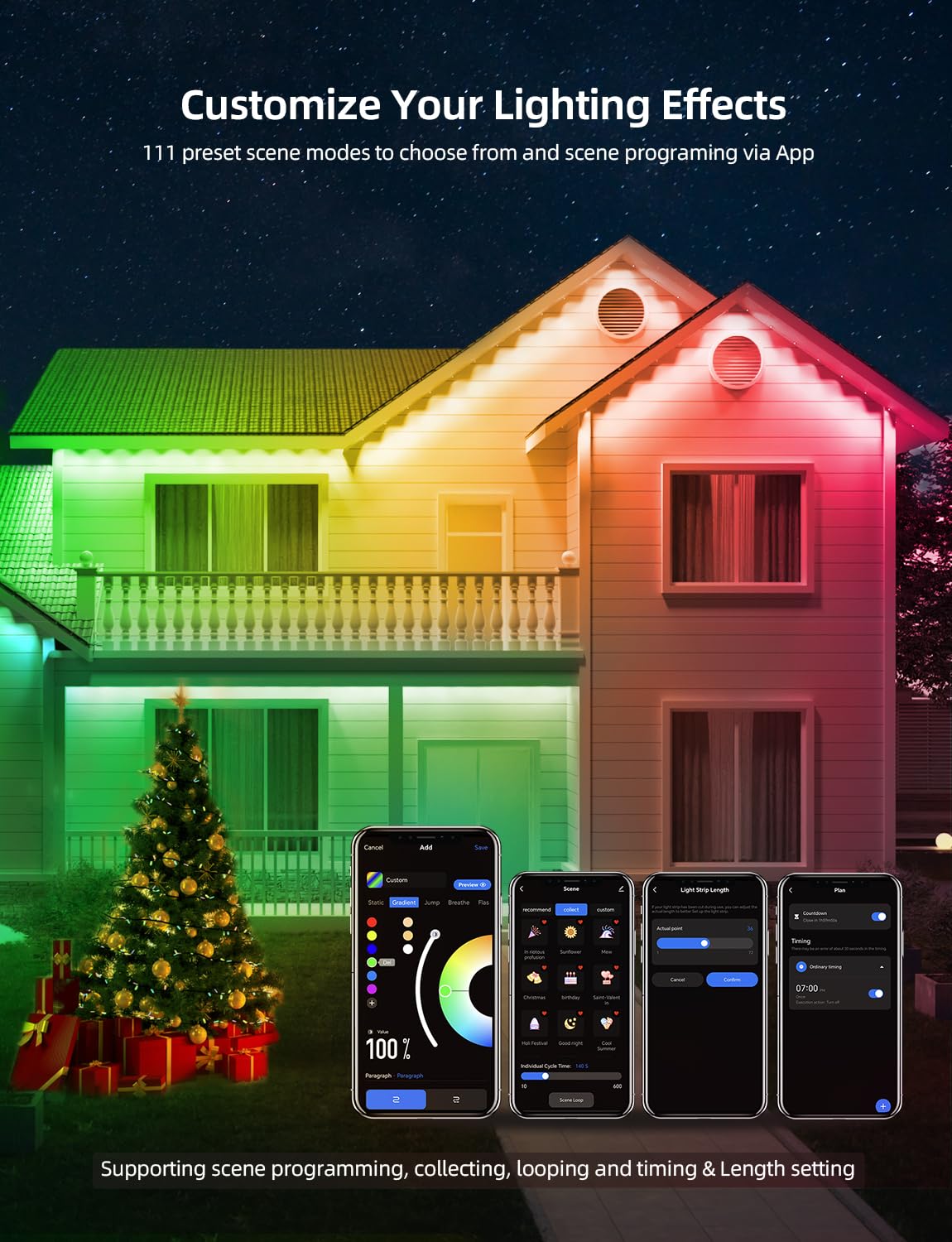 APPECK Permanent Outdoor Lights 100ft with 72 LEDs, DIY Scene Modes, Smart RGBW String Lights Waterproof, App/Remote Control for Easter, Holiday, Alexa/Google Assistant Compatible, Black