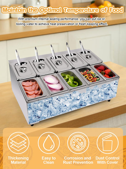 Lanstics Pizza Topping Station 10 Pans Pizza Storage Container Topping containers with Lids Spoon Condiment Organizers Buffet Containers Set for Restaurant Pizza Sauce Jam Fruit Ingredient