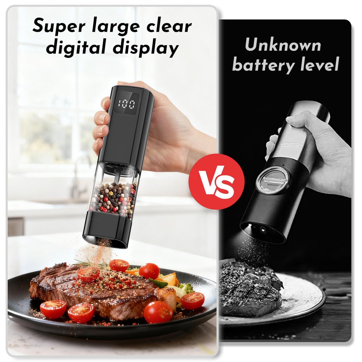 IFONPY Upgraded Larger Capacity Electric Salt and Pepper Grinder Set Rechargeable with Digital Display, Refillable Electric Pepper Grinder Mill Set with Light & Ceramic Core, Adjustable Coarseness