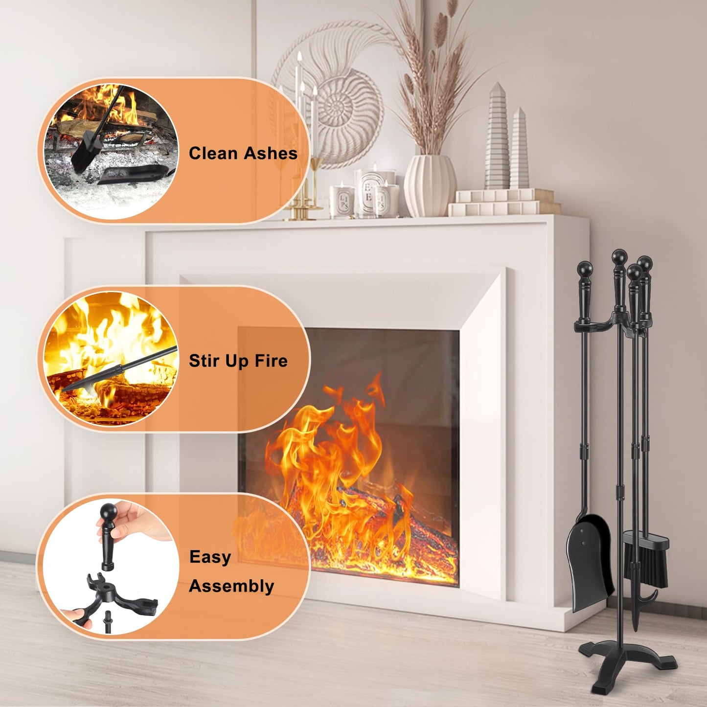 Gtongoko Fireplace Tools Set 4 Pcs 30 Inch Black Wrought Iron Bundle 8ft Firewood Rack Outdoor with Cover