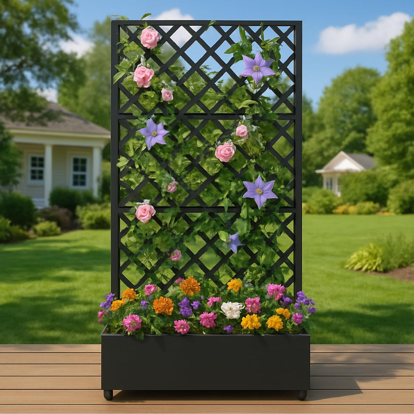 IDEALHOUSE 72"x47" Galvanized Raised Garden Bed with Diamond Trellis, 12" Deep Planter Box on Locking Wheels, Drainage Holes for Climbing Plants, Flowers, Patio, Balcony & Small Spaces, Black