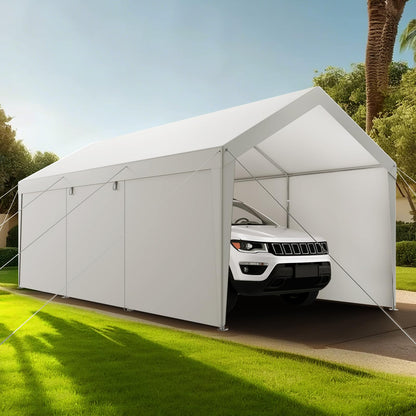VEVOR Carport, 10 x 20 FT Outdoor Car Canopy, Potable Carport with Removable Sidewalls & Door, Heavy Duty Car Shelter, UV-Resistant & Water-Resistant, All-Season Protection for Automobile Boat White