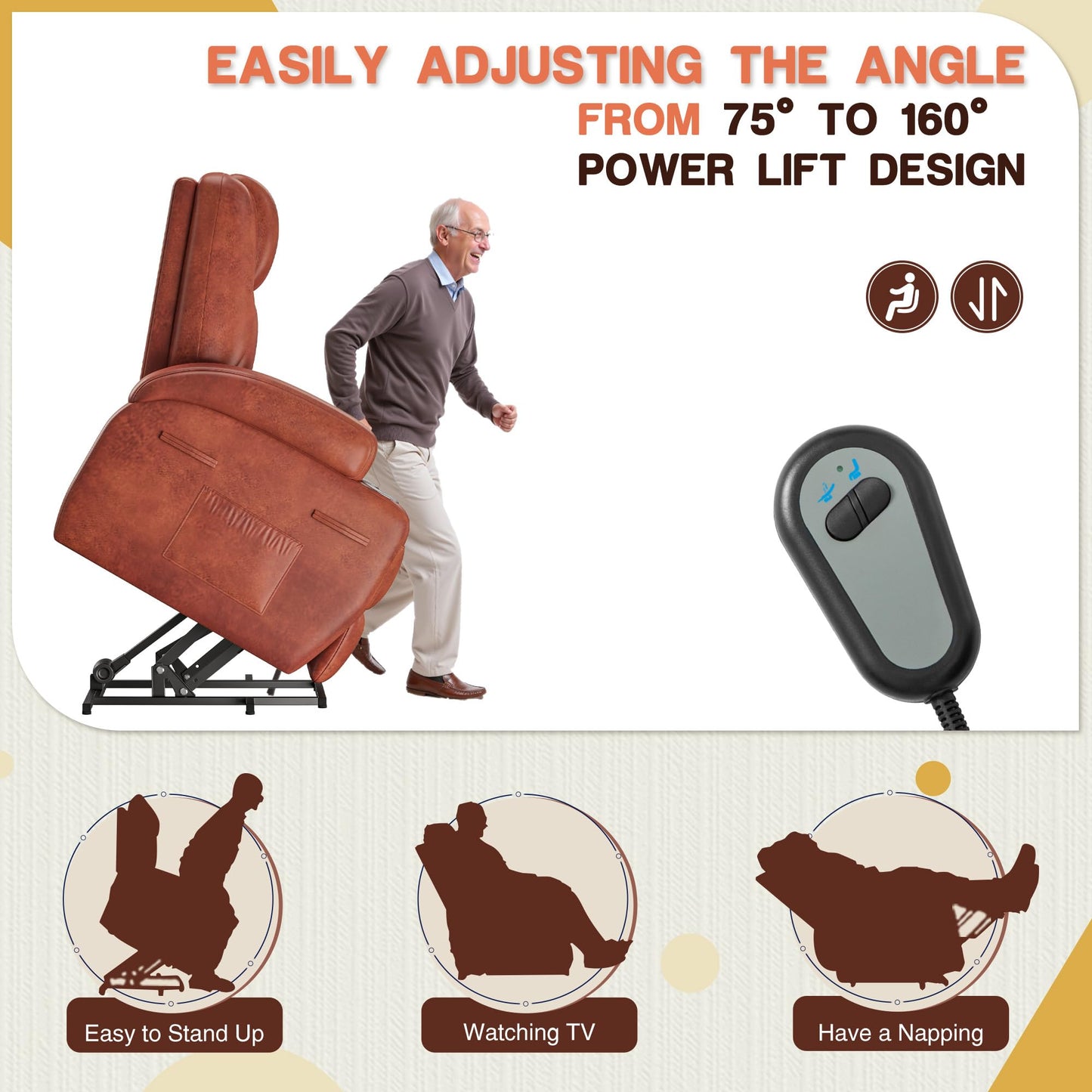 Furmax Electric Power Lift Recliner Chair with Massage for Elderly Corduroy Fabric Recliner Single Sofa with Cup Holders, Side Pockets and Remote Control for Living Room Bedroom (Leathaire, Brown)