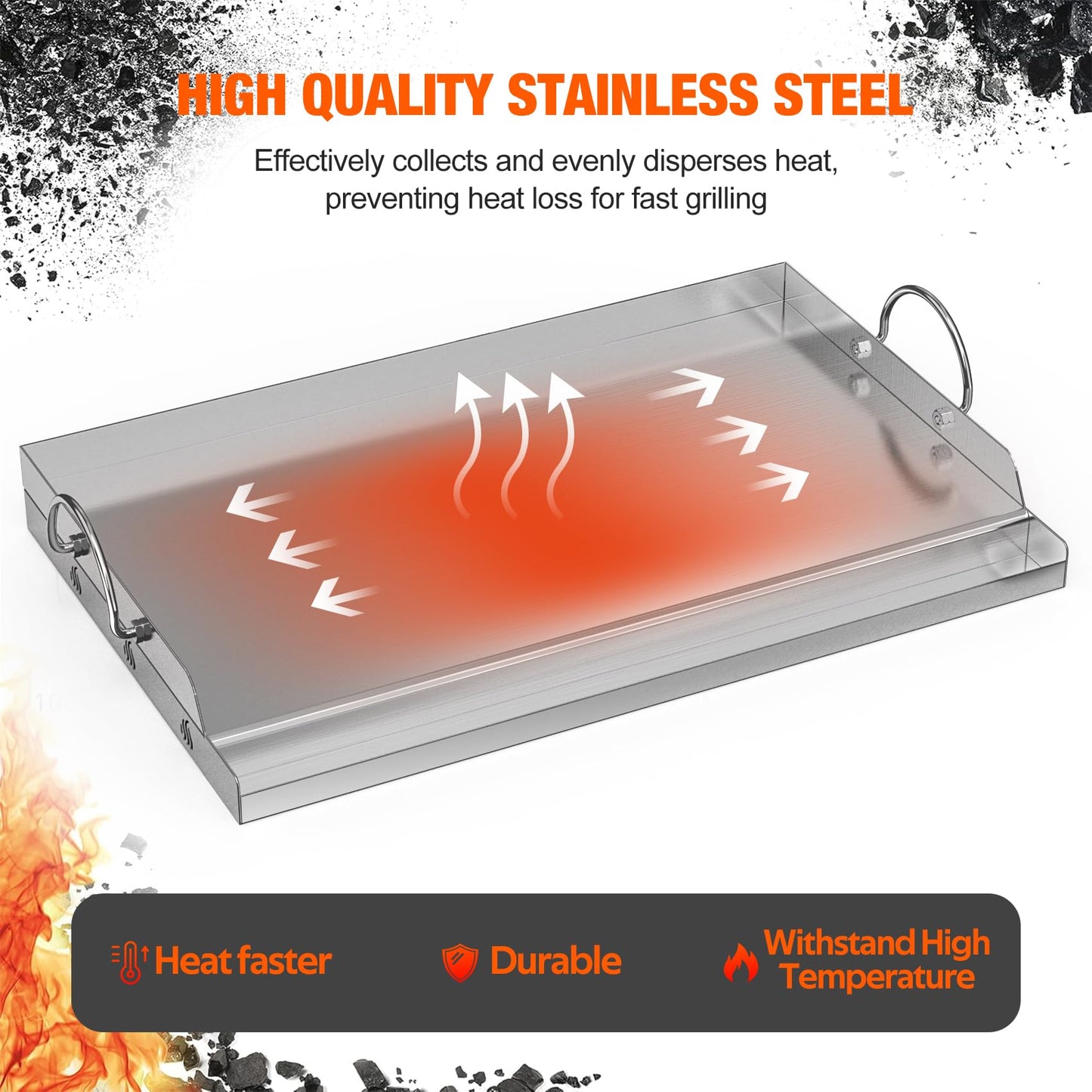 onlyfire Stainless Steel BBQ Griddle, Outdoor Flat Top Griddle Pan with Grease Groove and Handles for Gas and Charcoal Grills, 25”x16”