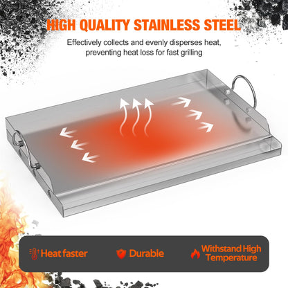 onlyfire Stainless Steel BBQ Griddle, Outdoor Flat Top Griddle Pan with Grease Groove and Handles for Gas and Charcoal Grills, 25”x16”