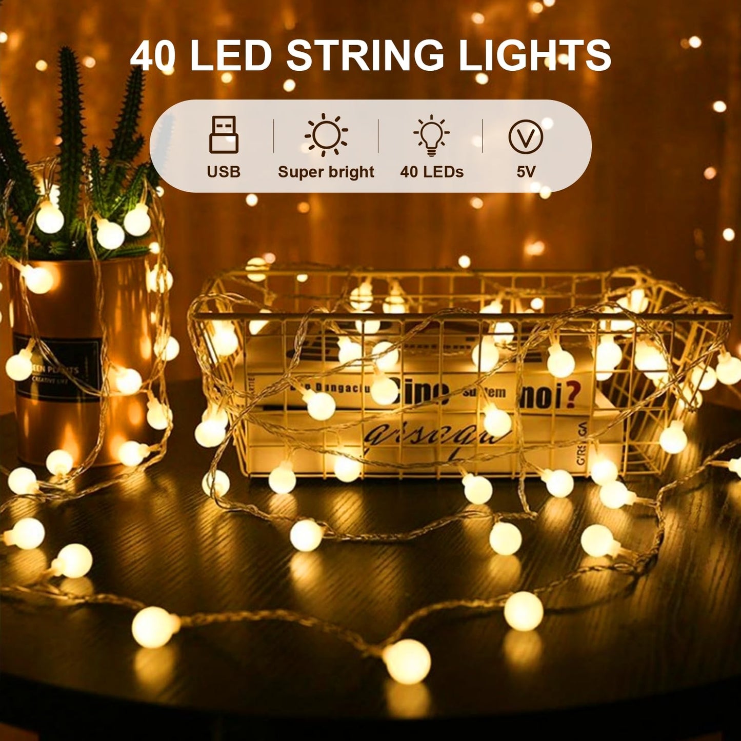 Bigzom USB Indoor Fairy Lights, 7m 40LED Spherical Fairy Lights, 5V Warm White Lights for Bedroom, Balcony, Parties, Christmas Decoration