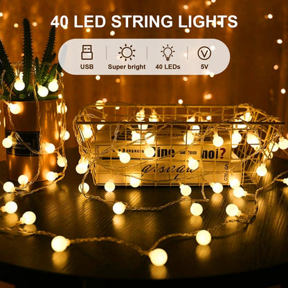 Bigzom USB Indoor Fairy Lights, 7m 40LED Spherical Fairy Lights, 5V Warm White Lights for Bedroom, Balcony, Parties, Christmas Decoration