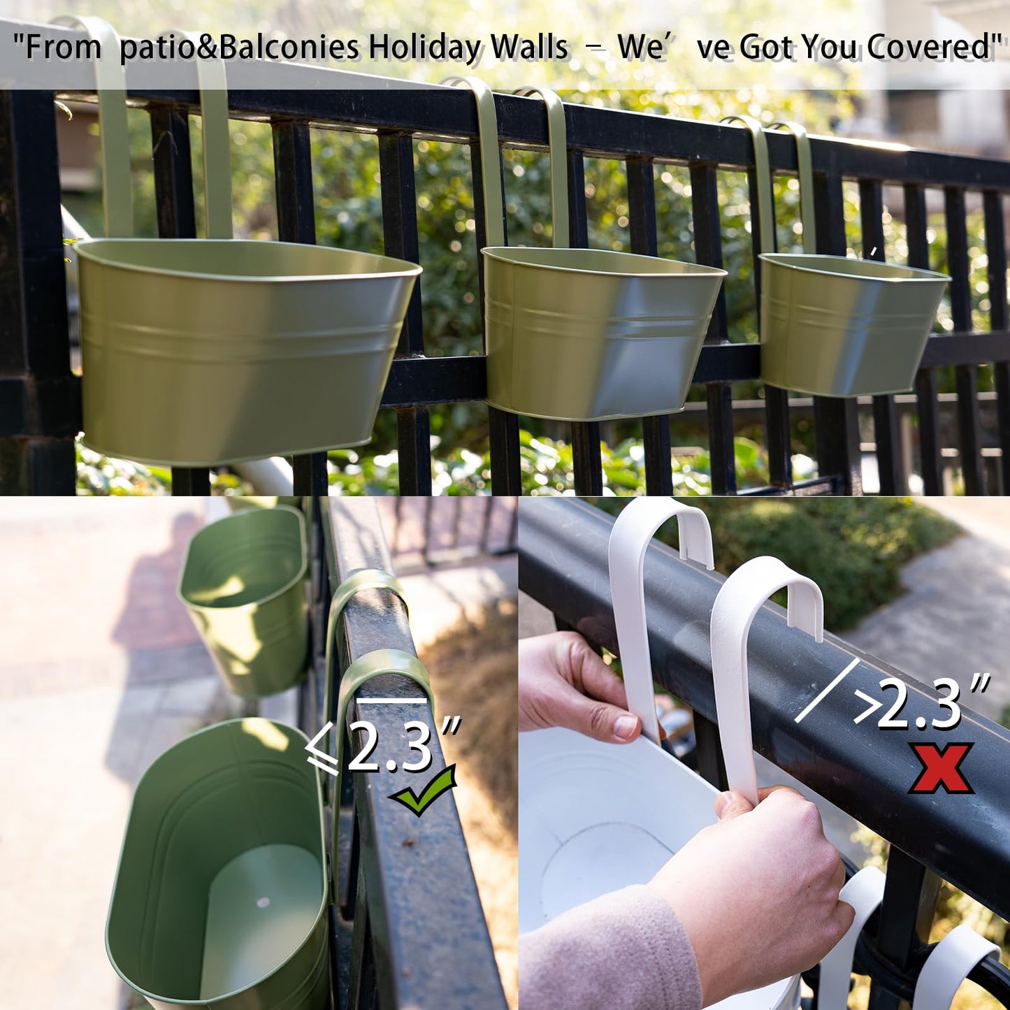 pansparade 5 Pack Metal Hanging Flower Pots for Railing Fence，Outdoor Balcony Rail Planter with Garden Tools Detachable Hooks Drainage Holes for Deck Garden Home Decor Green