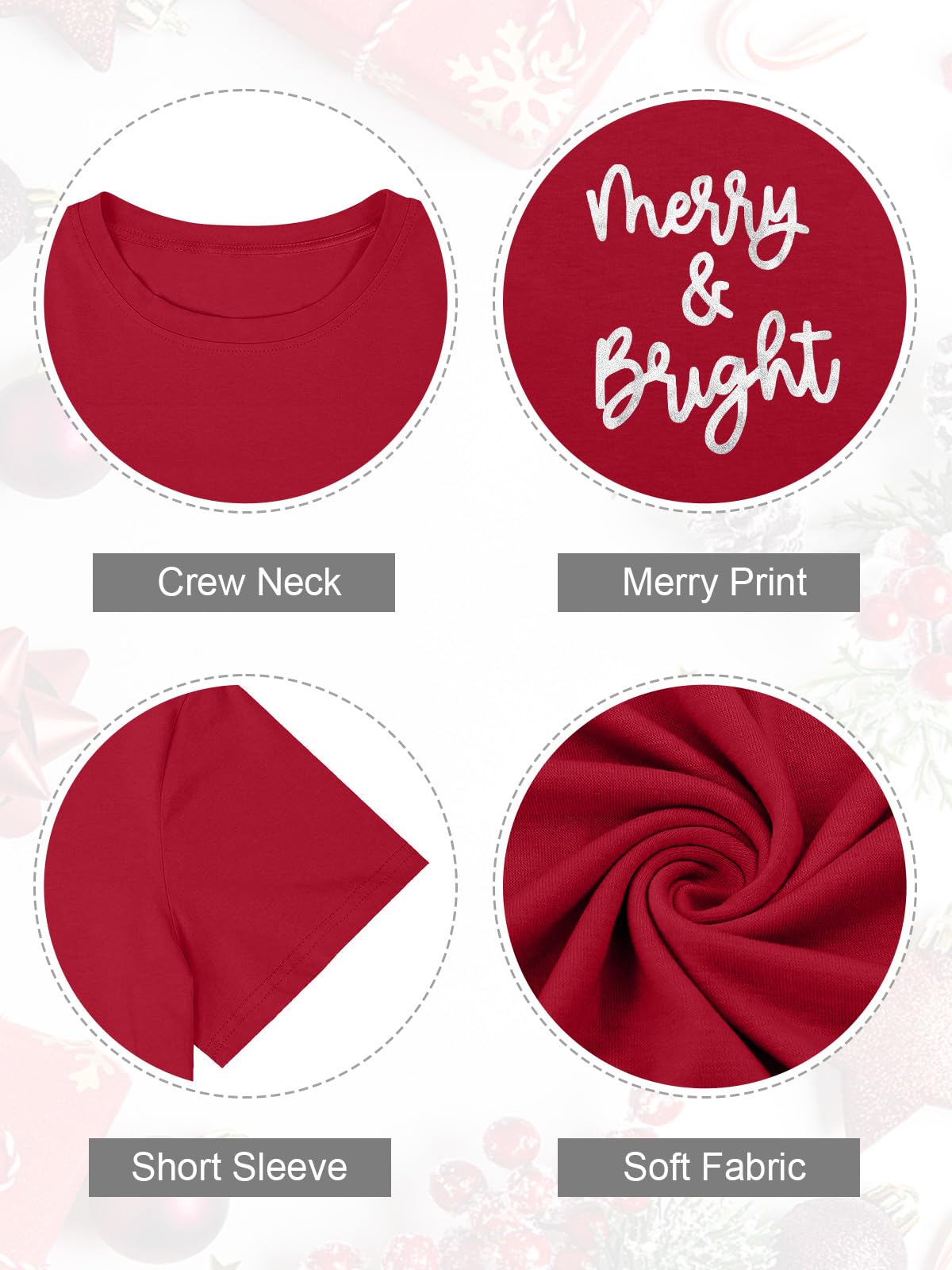 Anbech Womens Christmas Short Sleeve T-Shirt Merry Bright Print Feastival Tee Tops (1Red, S)