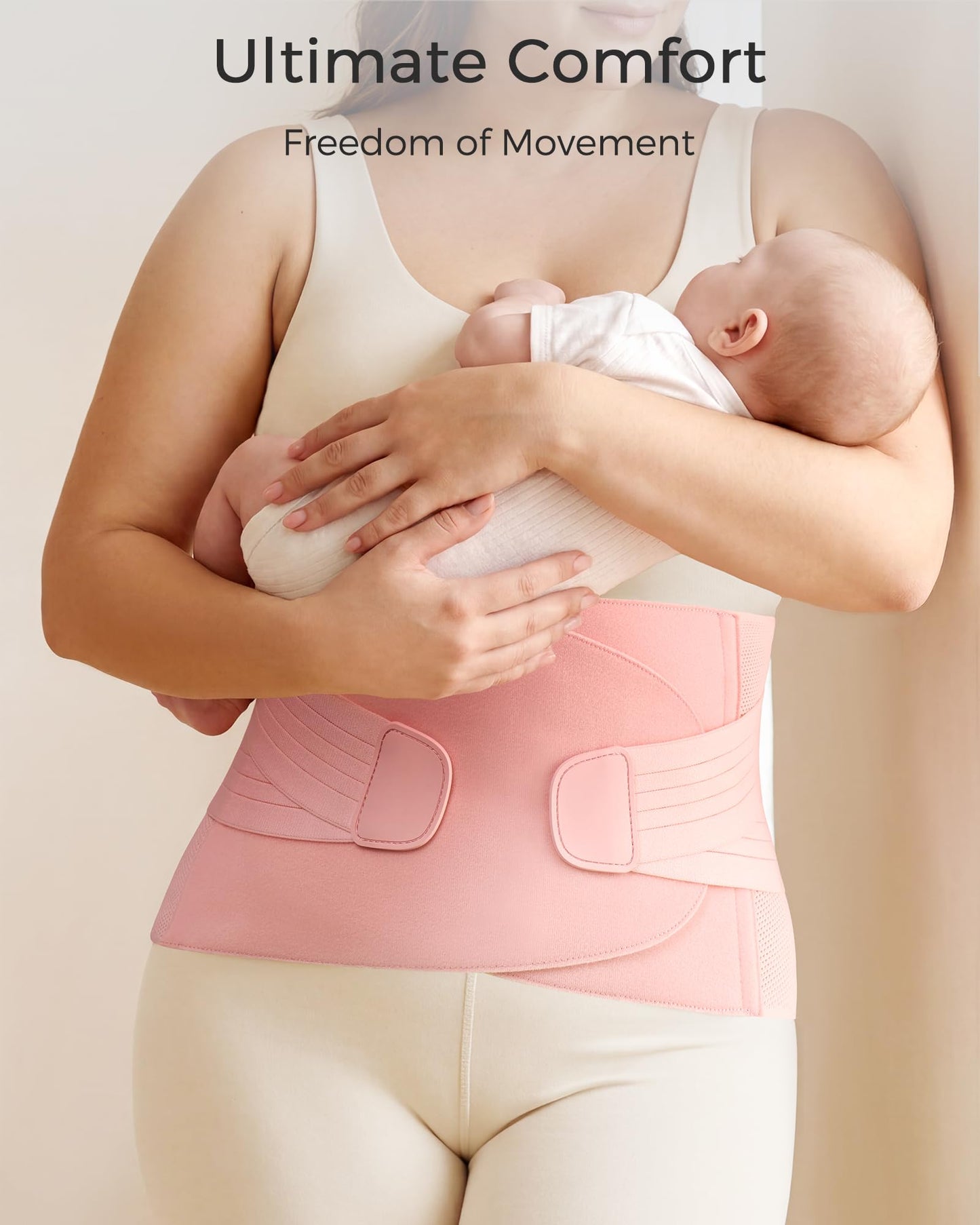 FREETOO Postpartum Belly Band Wrap for Women,Abdominal Binder Post Surgery,for Natural Delivery,C Section Belly Binder Post Partum,Stomach Binder Postpartum with Adjustable Compression,M,Pink