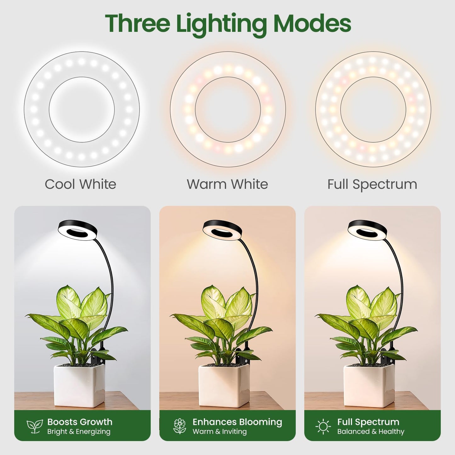 LORDEM Indoor Plant Grow Lights with 6/8/12/16H Auto Timer, 3 Spectrum Modes, Full Spectrum LED, Adjustable Height, for Small Plants, 1Pack Black