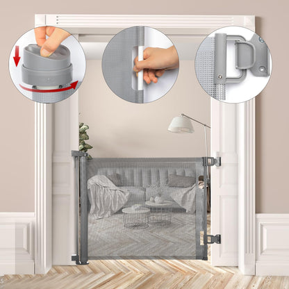 PetHot Stair Gate, Retractable Stair Gate for Babies and Pets, Baby Gate or Dog Gate, Extends up to 55" Wide, 33" Tall One Handed Operation, Baby Gate for Stairs/Doorways/Hallways/Outdoor(Grey)