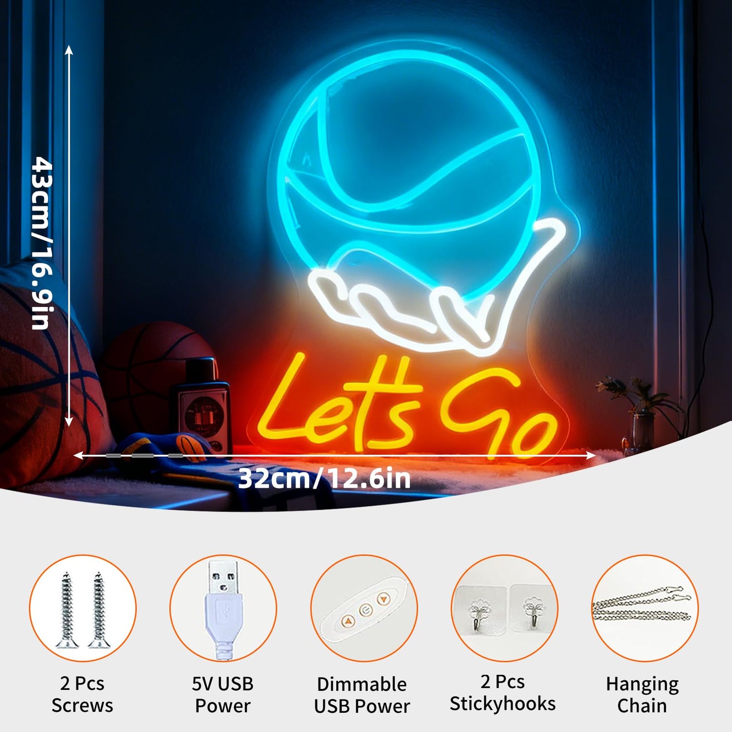 Lets Go Basketball Neon Sign, Sports Theme Light Up Sign, Basketball Fan Teen Boy Gift Bedroom Game Space Gym Wall Table Decor, USB Powered Dimmable Decorative Neon Light 16.9 x 12.6 In
