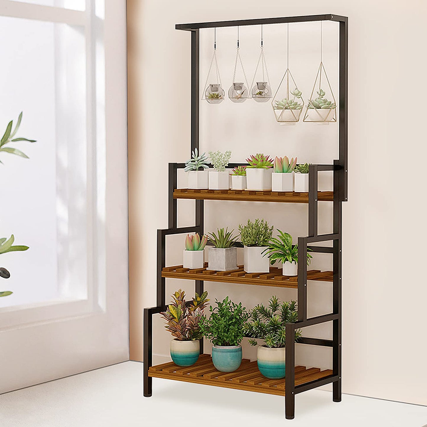 yeshine 3-Tier Hanging Plant Stand Indoor, 68 Inch Tall Metal Plant Shelf for Indoor Multiple Plants, Large Plant Pot Stand Holder, Heavy Duty Ladder Shape Plant Rack for Living Room, Patio, Balcony
