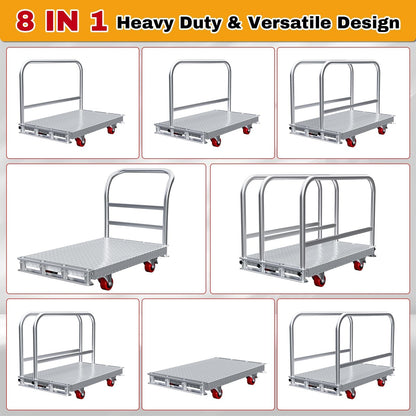 2IN1 Steel Panel Cart Dolly – Large Heavy Duty Drywall Lumber Truck Cart with 2700 LBS Capacity, 40 x 24 Inch 2.2MM Steel Plate, 6.3" Swivel Brake Wheels, 1 Front & 3 Side Handrails