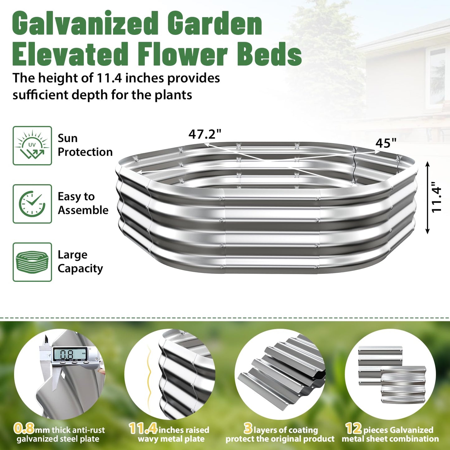 VAMFUTRE Hexagon Raised Garden Bed, 48 Inch Diagonal & 12 Inch Tall, Galvanized Steel Planter Box with Wave-Shaped Metal Panels for Outdoor Flower,Tree,Herb & Vegetable Garden (Silver, 4FT X 1FT)