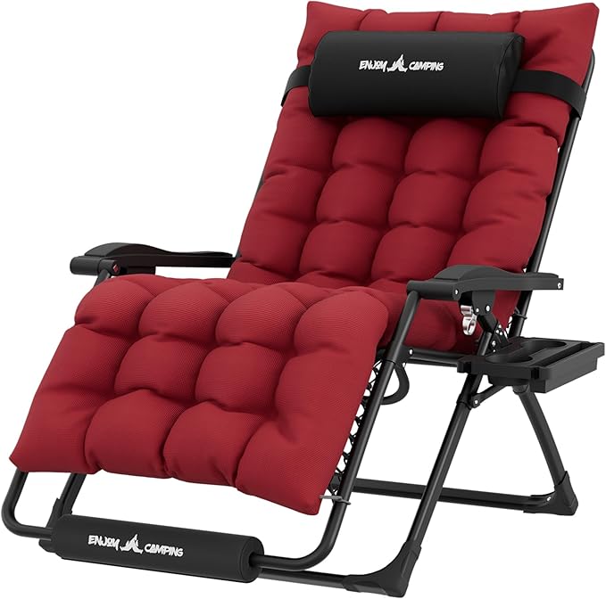 UDPATIO Oversized Zero Gravity Chair 29In XL Patio Reclining Chair with Cushion, Outdoor Folding Recliner with Pillows|Cup Holder|Foot Rest|Padded Headrest, Burgundy, Support 500LB