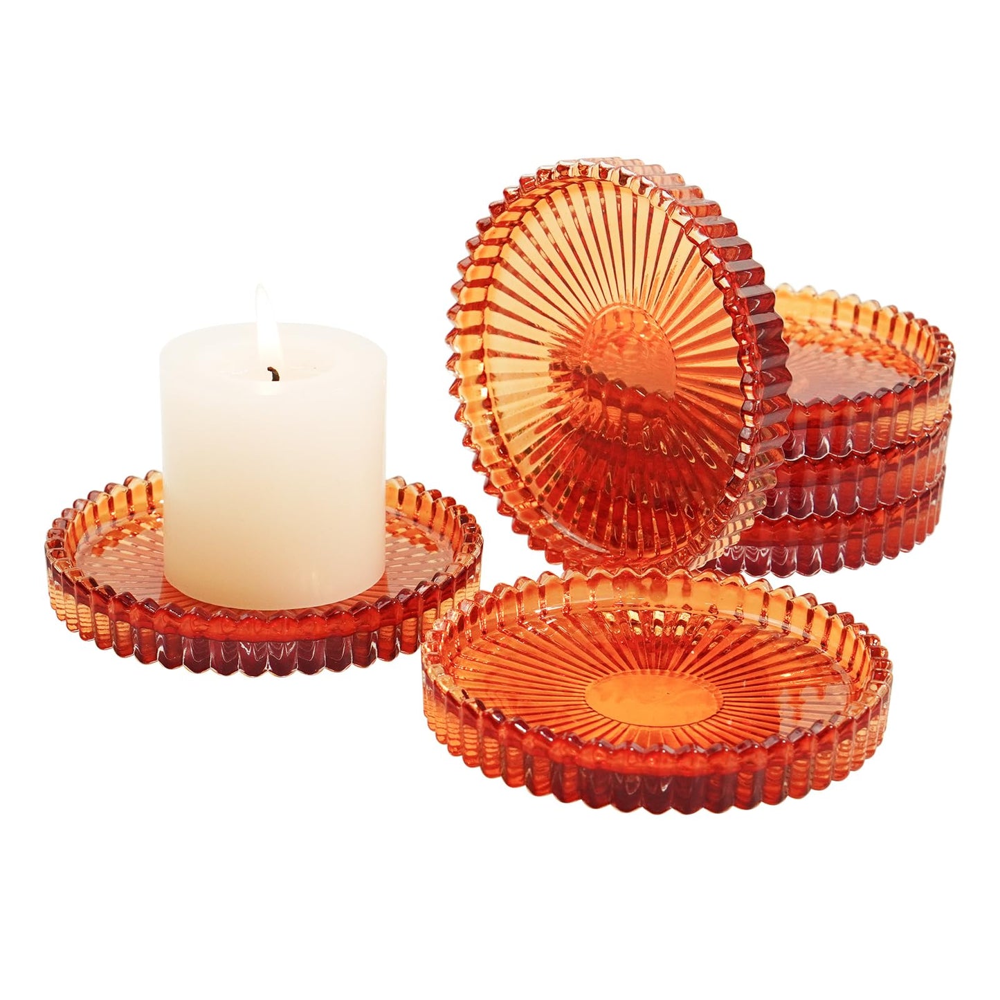 Jollyhilan Candlestick Glass Candle Holder Plates Set of 6, Round Glass Candle Tray Plates for Dining Wedding Lantern Festival Party Evening Light, Amber