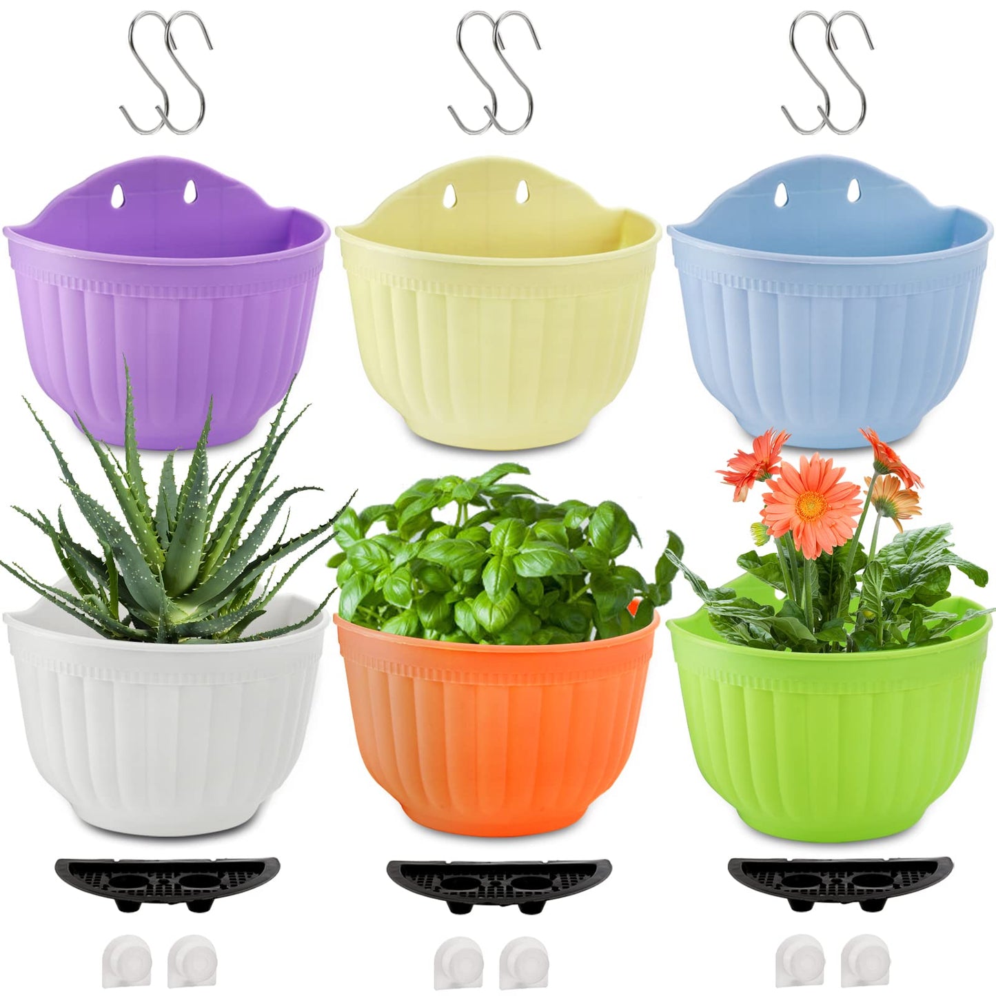 DEAYOU 6 Pack Wall Planter Hanging Flower Pot, Window Hang Indoor Outdoor Plant Basket for Fence, Railing Resin Pots with S Hooks and Drainage Meshes, Half Round Herb Holders for Garden