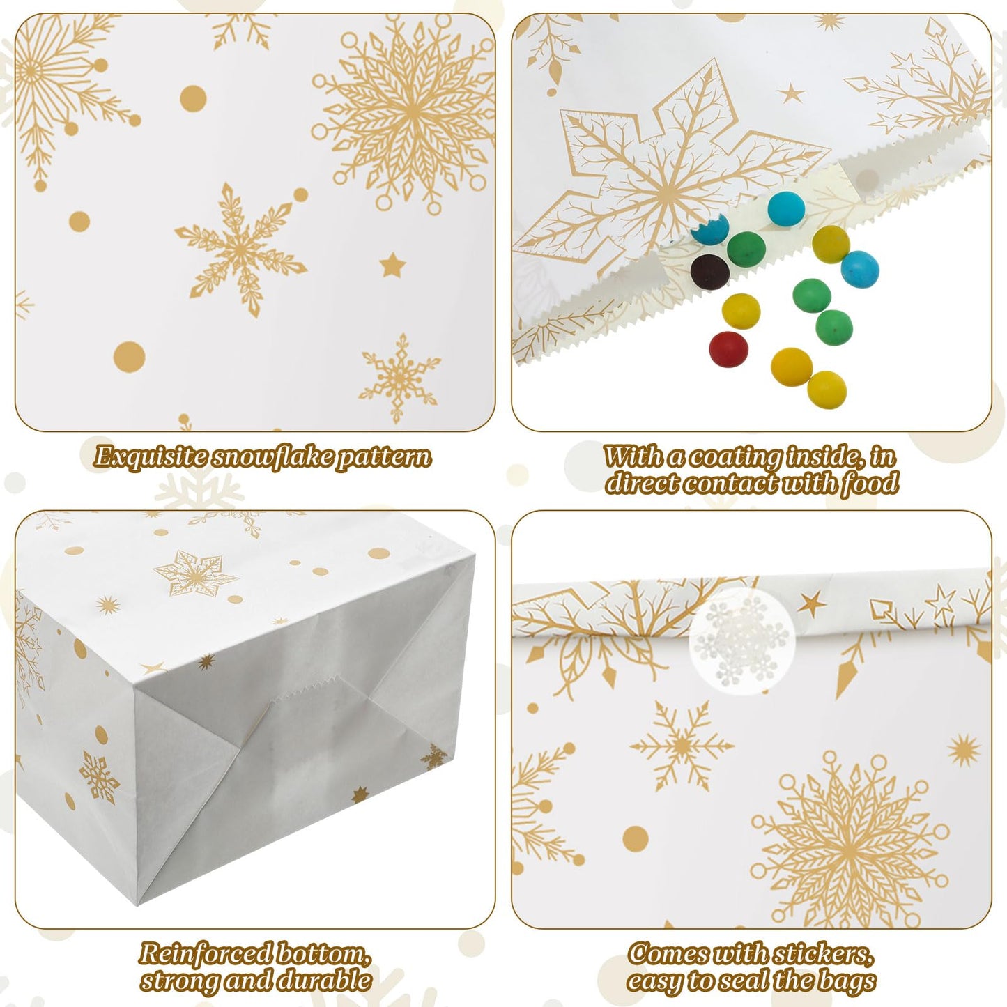 Cholemy 120 Set Winter Christmas Snowflake Gift Bags with Snowflake Sealing Stickers Winter Paper Goodies Treat Cookie Snack Bags for Xmas Holiday Party Favors