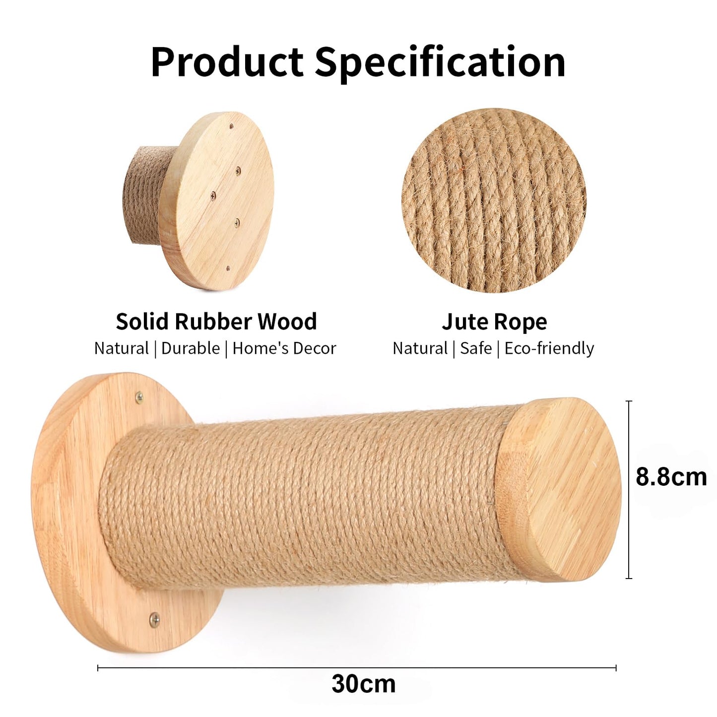 FUKUMARU Cat Wall Furniture, Cat Climbing Step 30cm Wall Mounted with Jute Scratches,Natural Rubber Wood Material, for Most Medium and Large Cats, Pack of 2