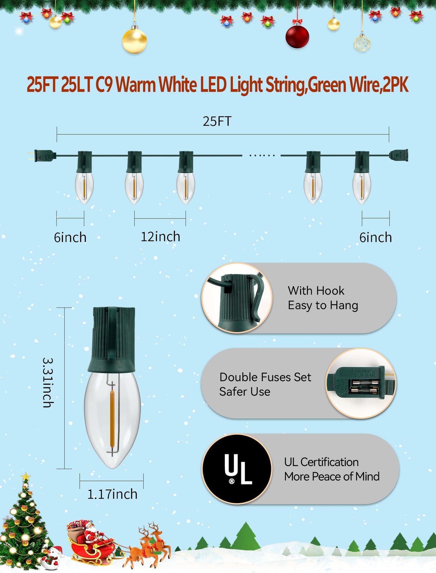 Adirxon (2-Pack) 50FT 50 LED C9 Outdoor Christmas Lights, Waterproof & Connectable String Lights for Holiday Decor, Super Bright Warm White Bulbs for Patio, Yard, Porch, and Roofline