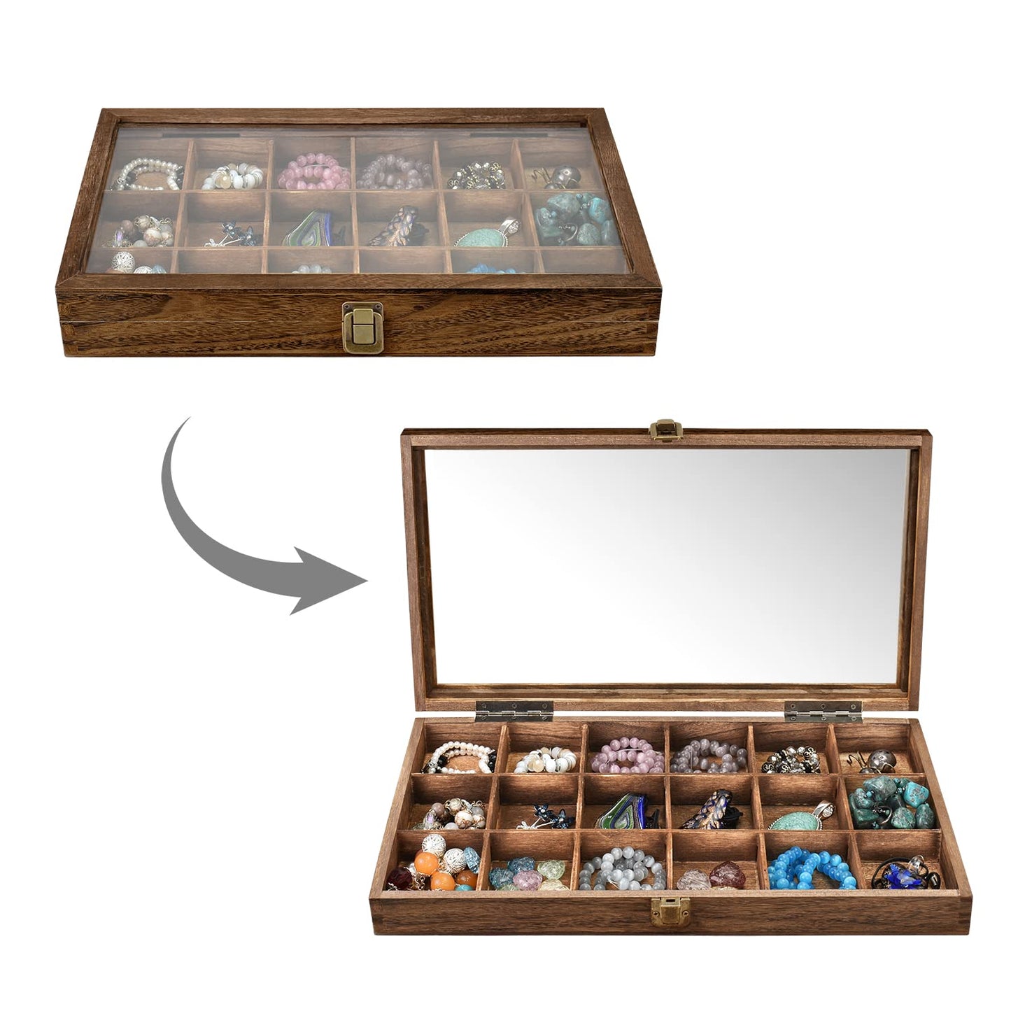 MOOCA Wooden Jewelry Display and Beads Display Storage Case with Tempered Glass Lid , 18 Compartments, 15" W x 8 3/8" L x 2 1/8" H, Brown Color