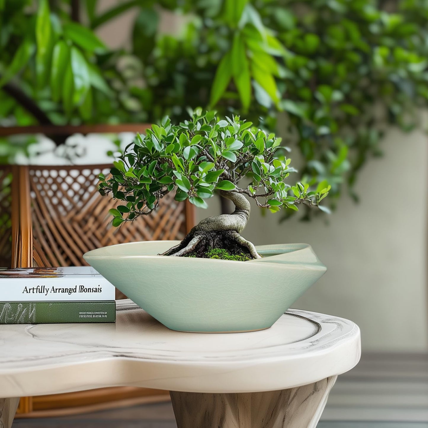 EPFamily Bonsai Pot - 12 Inch Ceramic Planter Pot with Drainage Hole Large Modern Planter Decorative Glazed Succulent Plant Pot for Indoor Outdoor Plants Green