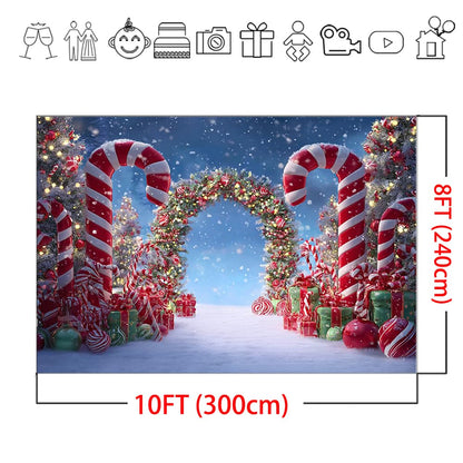 Mocsicka Christmas Candy Cane Photography Backdrop Winter Candyland Christmas Eve Party Decorations Background Christmas Tree Garland Photo Prop Supplies (10x8ft)