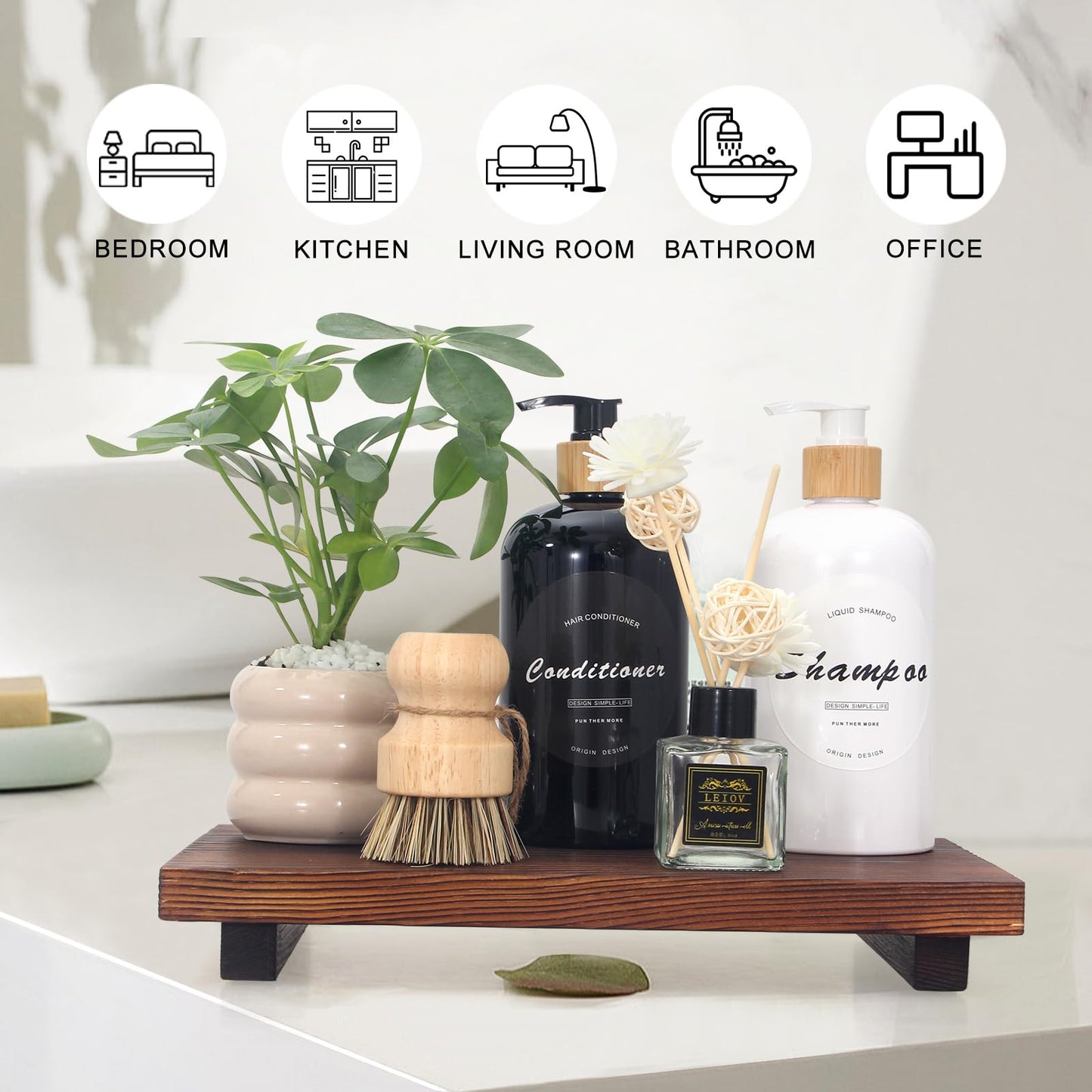 Farmhouse Bathroom Tray Organizer Wooden Riser Stand Wood Trays for Kitchen Counter Decor Pedestal Dish Soap Dispenser Holder Kitchen Sink Tray Modern Bathroom Vanity Accessories Decorative Trays