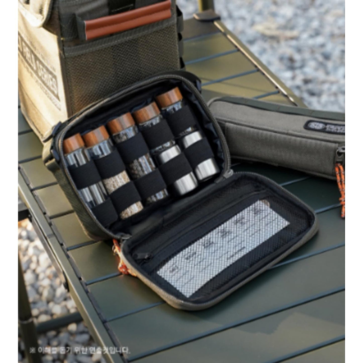 Camping Spice Kit with 2 Salt and Pepper Mills - Portable Seasoning Storage Bag, Travel Spice Organizer Set for Family Camping, BBQ, RV Living (Khaki, Medium)