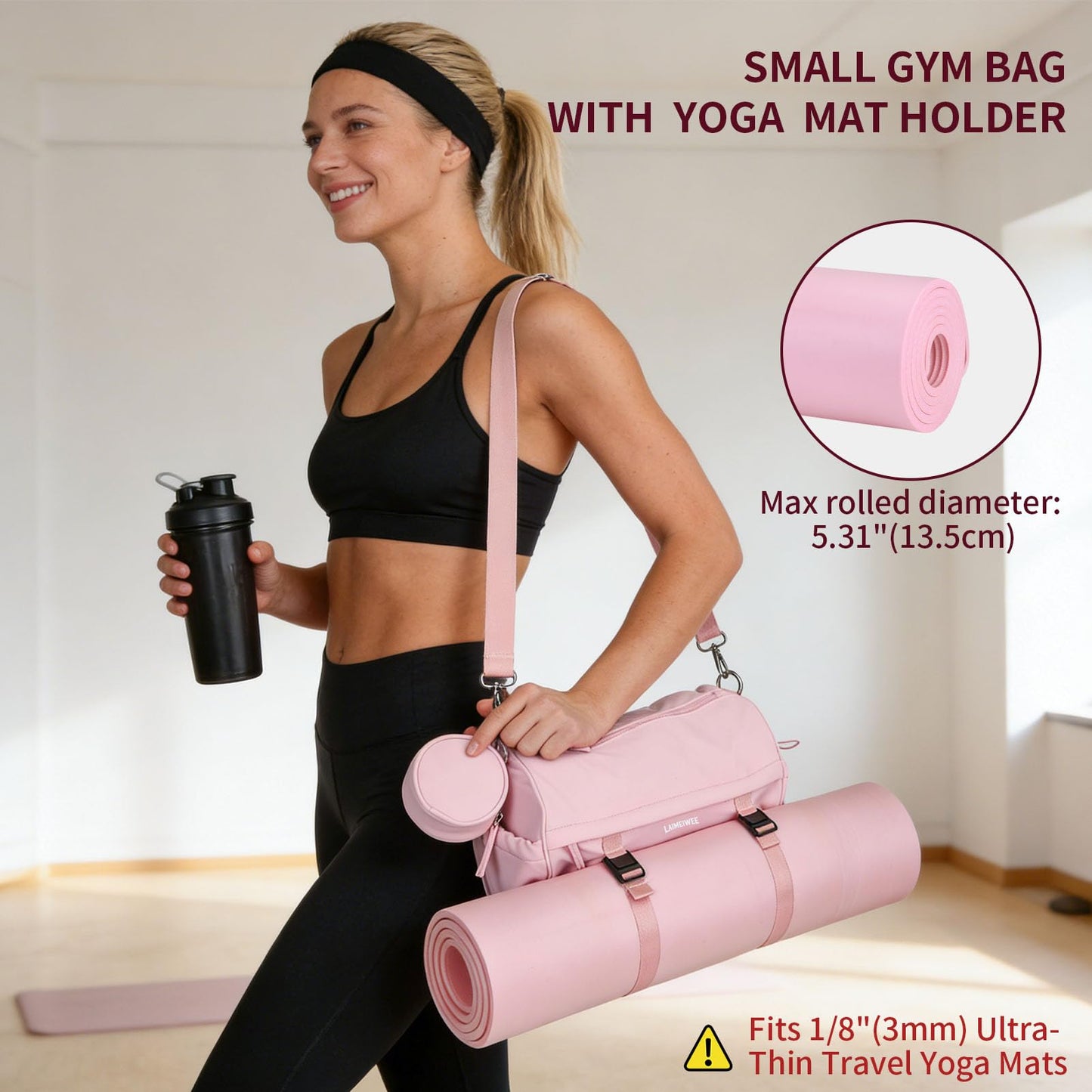 LAIMEIWEE Small Gym Bag for Women Men, 11L Compact Workout Yoga Bag with Wet Pocket and Yoga Mat Holder, Mini Sport Duffle Bags for Dance, Pilates, Ballets, Swimming, Travel (Pink)