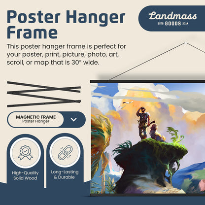 Landmass 30” Wide Black Magnetic Poster Hanger - 30x20 30x24 30x30 30x40 - Wood Hugger Frame for Posters, Prints, Photos, Pictures, Maps, Scrolls, and Artwork - Wall Hanging Wooden Frame
