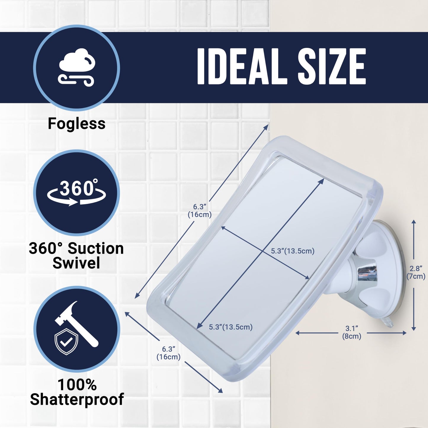 MIRRORVANA Fogless Shower & Shaving Mirror with Upgraded Suction Mount for Bathroom, Anti Fog & Mist Free Shatterproof Surface and 360° Swivel, 16cm x 16cm (1X Magnification)