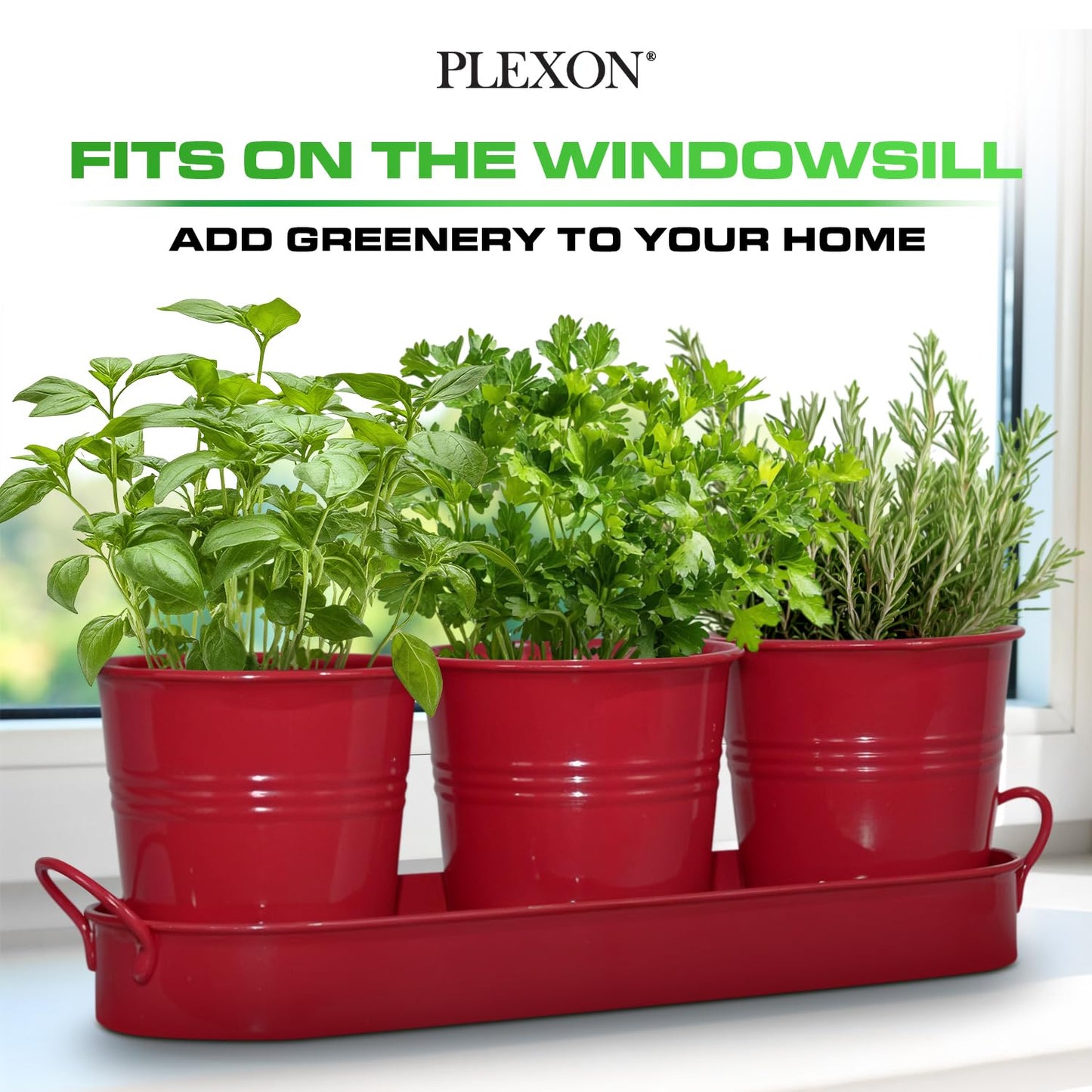 Plexon Herb Planter Indoor Garden Set of 3 with Tray, Metal Herb Pots for Indoor Plants, Round Kitchen Garden Kit Ideal for Windowsill Planter or Countertop, Red Powder Coated