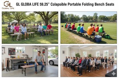 GL GLOBAL LIFE Collapsible Portable Folding Benches Seat for Outside Seating Soccer Sports Team Camping Foldable Bench Iron Tubes,Brown-59.25"
