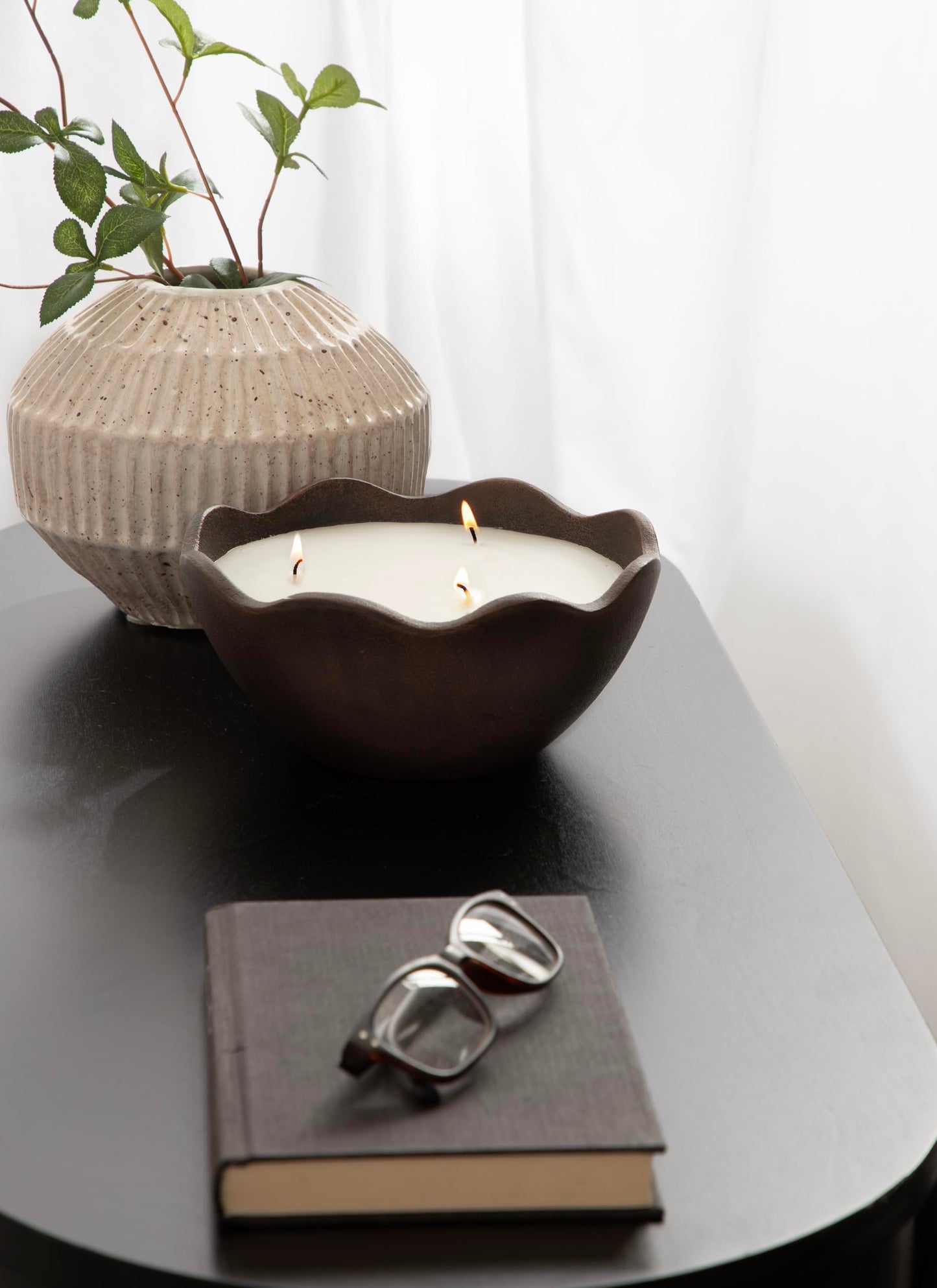 Kate and Laurel Alessia Scalloped Round Metal Candle Bowl, 8 Inch Diameter, Bronze, Modern Three-Wick Unscented Candle with Decorative Bowl for Living Room Decor