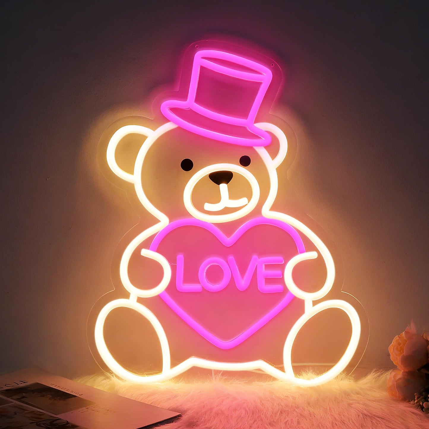 RumonZS 15" Valentines Day Cute Bear Neon Sign Pink Love Heart Neon Light for Wall Decor Dimmable USB Led Sign Bear Neon Lights Bedroom Wedding Anniversary Decor Birthday Gift for Girlfriend