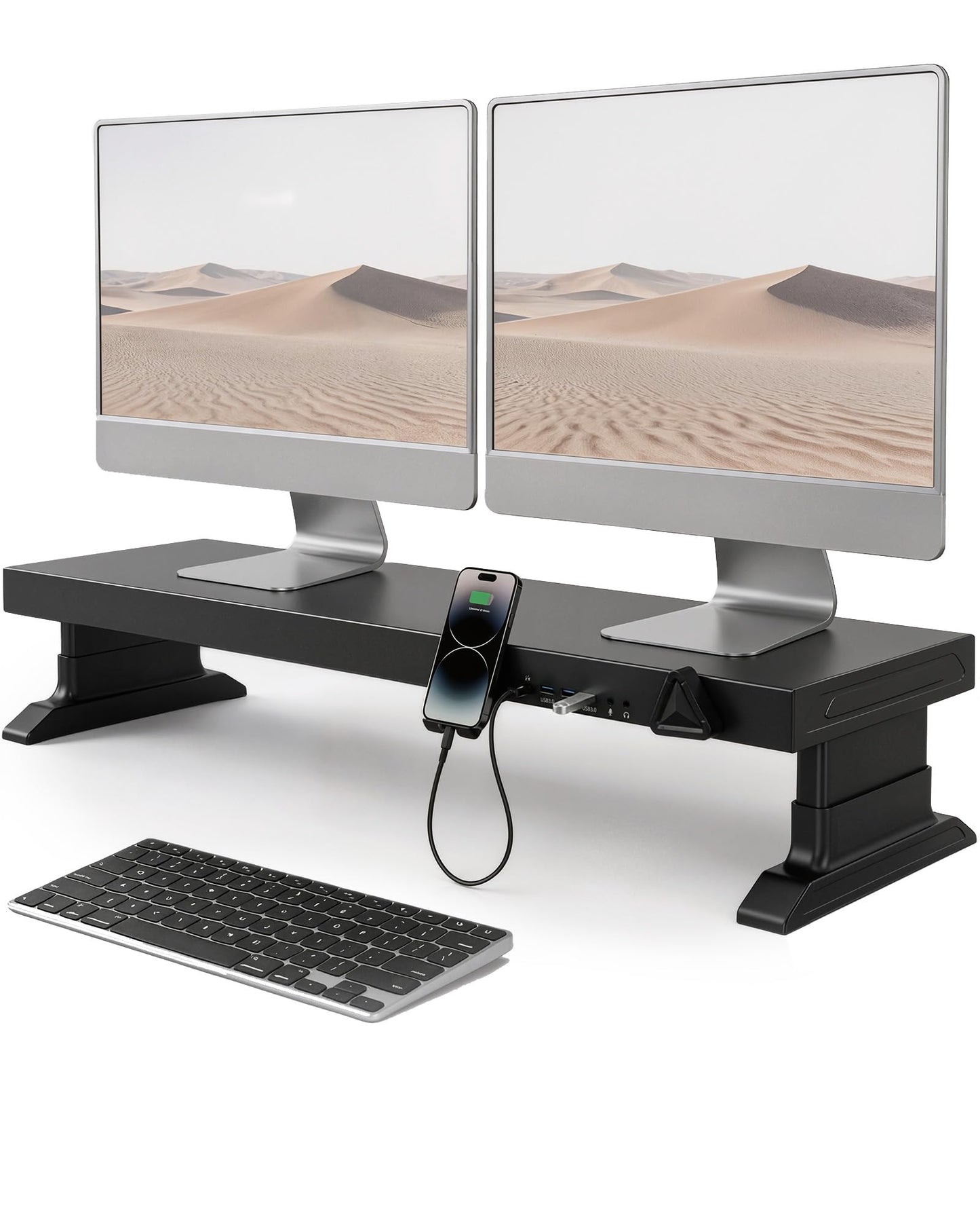 Furnny Height Adjustable Monitor Riser with 6-Port Hub – 37.6" Extra Wide Desk Stand for Dual Monitors, Continuous Height Adjustment 4.33–6.69" via Knob, USB-C Fast Charging, Carbon Steel Black