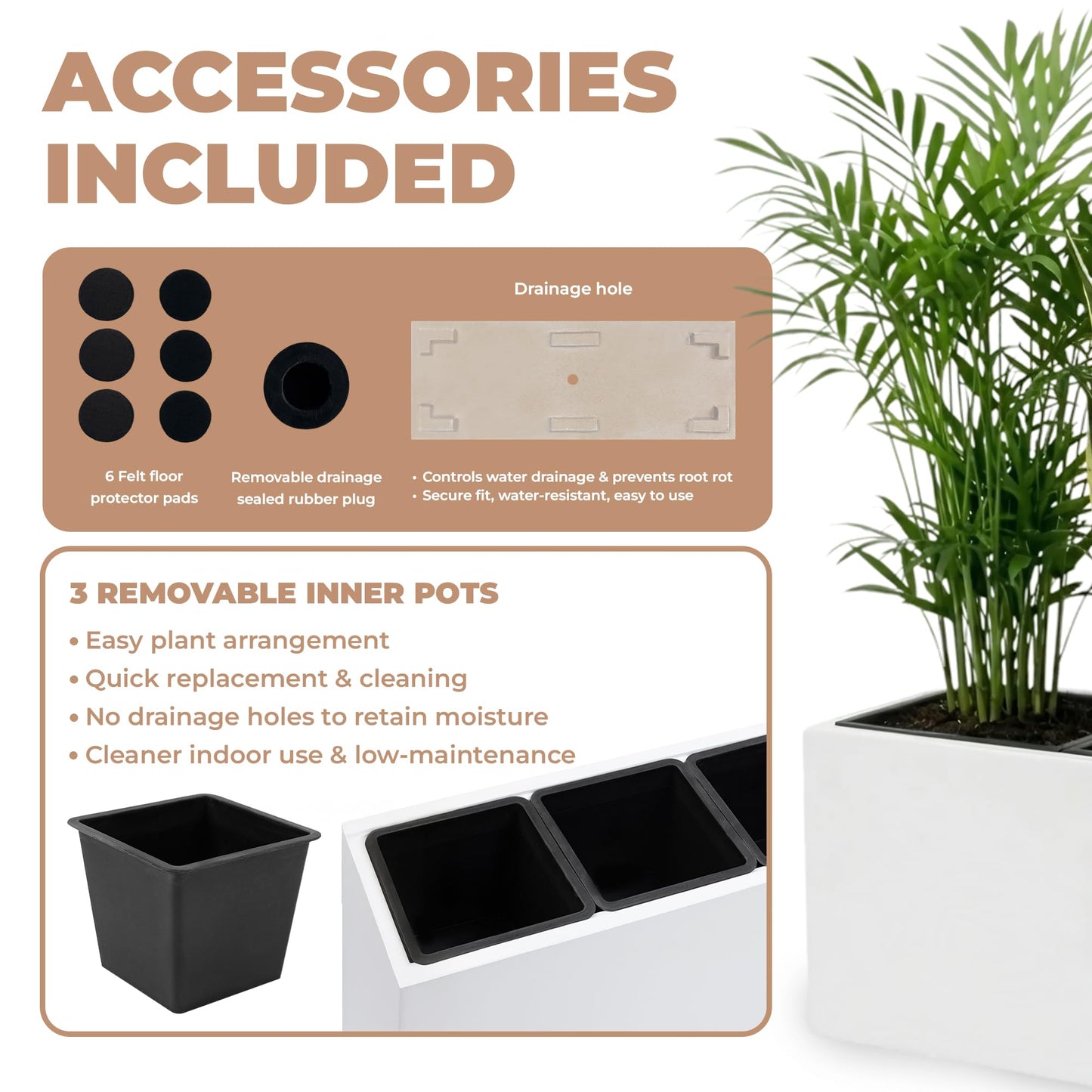 DEPLA LANE Trevano Fiberstone Rectangular Planter (26" L x 9.8" W x 15.7" H) Smooth Finish, Removable Inner Pots, Lightweight, Durable, UV Resistant, Minimalist Indoor Outdoor Plant Pot (M, White)