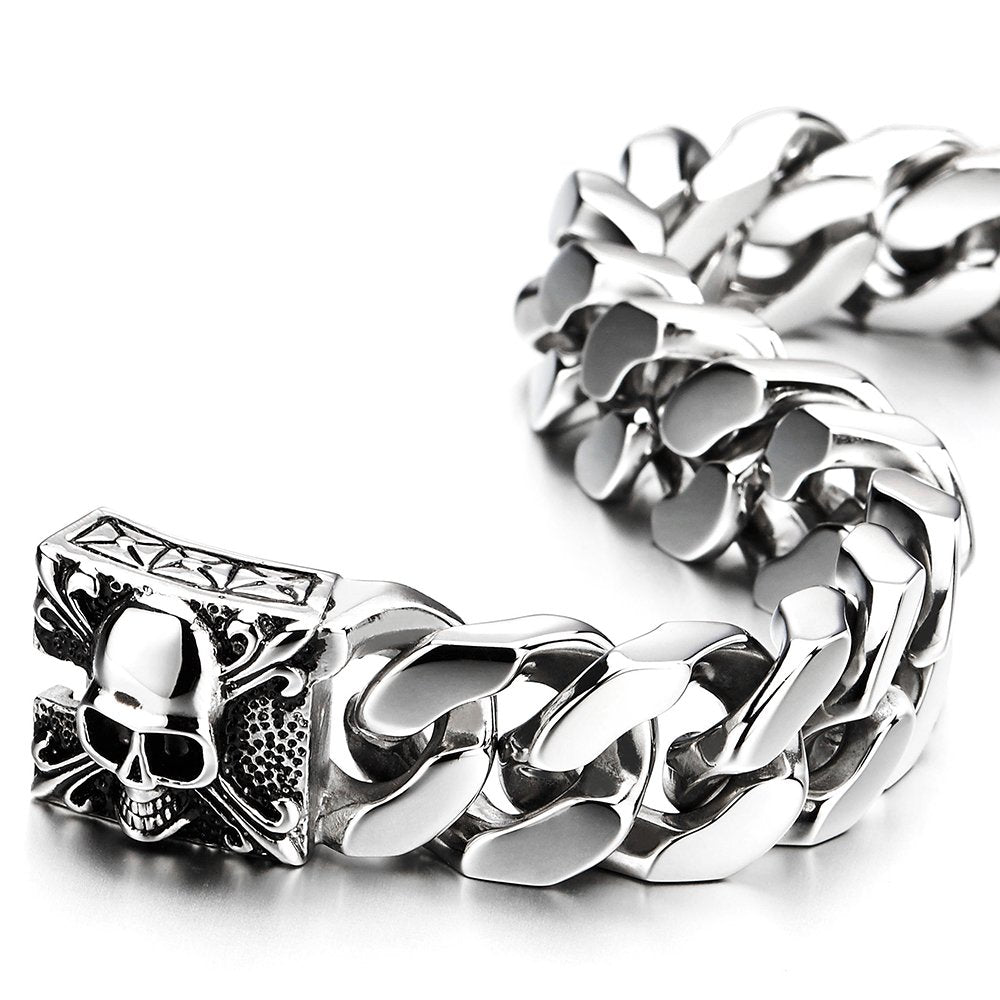 COOLSTEELANDBEYOND Mens Large Stainless Steel Curb Chain Bracelet with Fleur De Lis and Skull, Polished, Biker Gothic