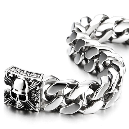 COOLSTEELANDBEYOND Mens Large Stainless Steel Curb Chain Bracelet with Fleur De Lis and Skull, Polished, Biker Gothic