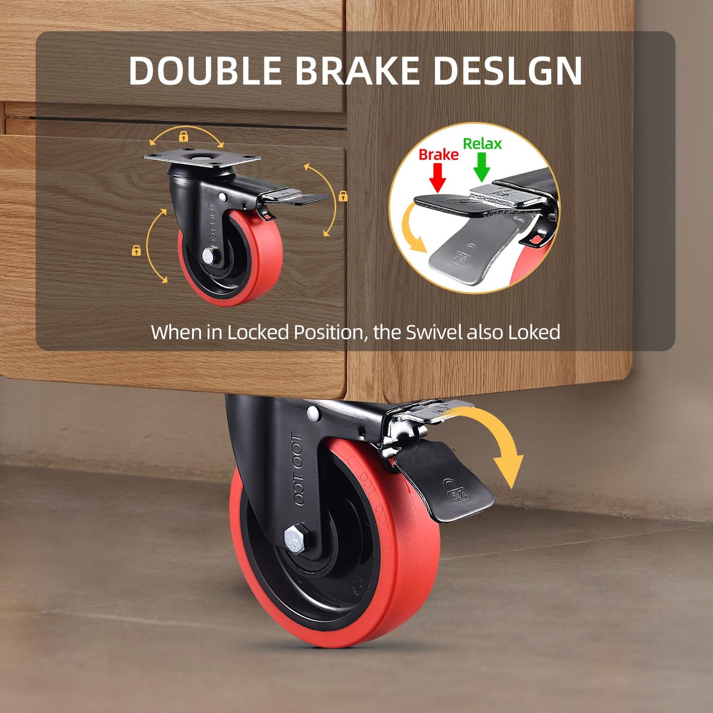 Casters Set of 4 Heavy Duty 5 Inch Caster Wheels with Brake 3000Lbs Capacity Silent Swivel TPR Rubber Wheel Locking Industrial Plate Castors Perfect for Carts, Furniture and Workbenches