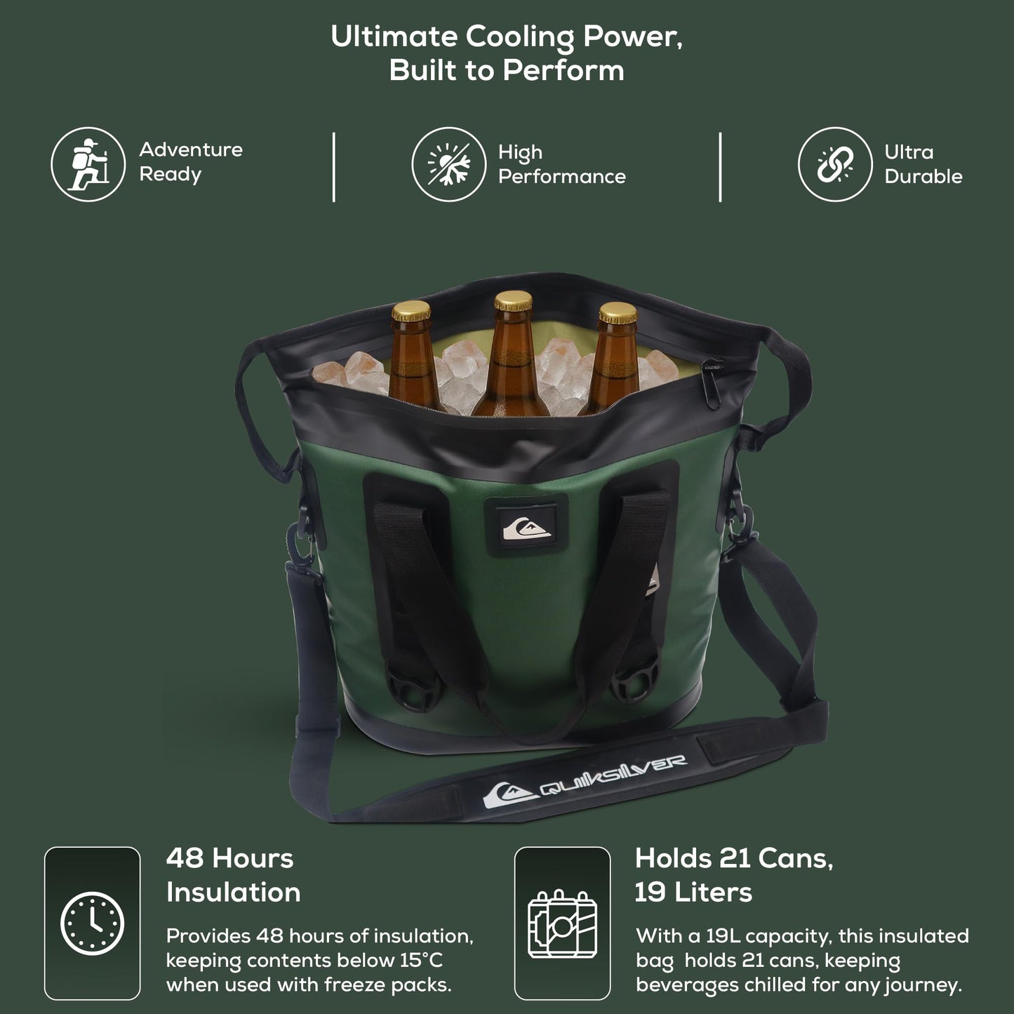 Quiksilver Tote Bag Soft Cooler 20L, Holds 24 Cans, 48 Hour Insulation, Leakproof & Waterproof Design, Heavy Duty TPU, IPX7, Multiple Padded Straps, Bottle Opener (Trekking Green)